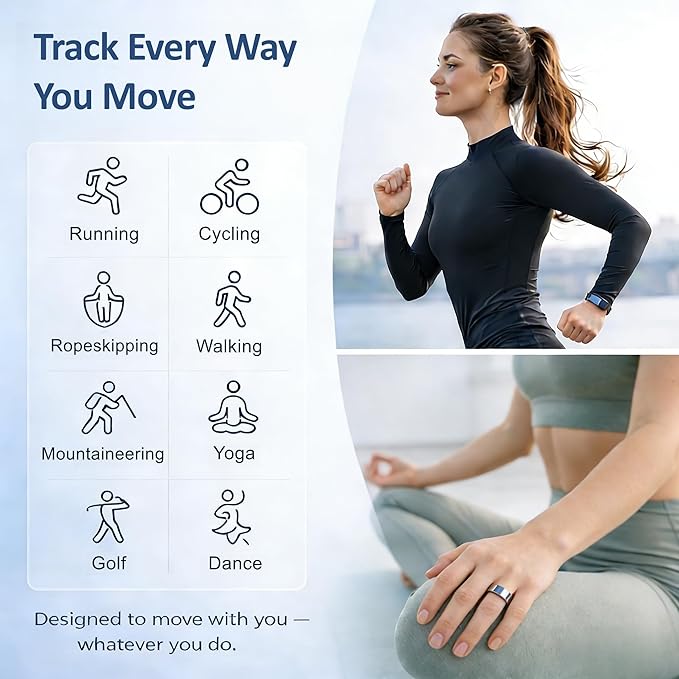 Smart Ring Health & Fitness Tracker for Men & Women, Heart Rate, SPO₂, Sleep & Activity Monitoring, IP68 Waterproof, Long Battery Life, Family Care Mode, No Subscription Fee (Silver, 8)