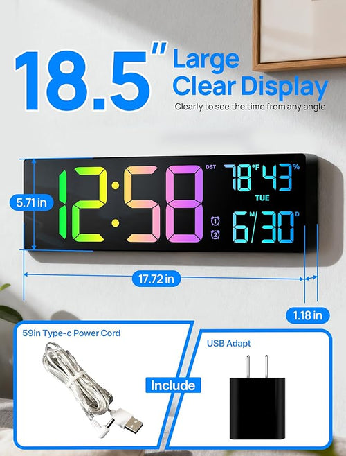 18.5" Large Digital Wall Clock with Remote Control, Big LED Display Digital Clocks with Night Light, Alarm, Countdown, DST, Temp, Date for Living Room, Bedroom, Office, Gift for Seniors(Black)