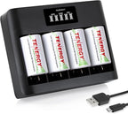 Tenergy 4 Pack Centura Lite D Size Batteries and TN486U 5-Bay Universal Battery Charger with LCD, Micro USB/Type C Input