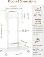ECOTINY Steel Base Rolling TV Stand with Soundbar Mount for 50-90 inch TVs up to 154lbs, Swivel&Tilt Mobile TV Stand with Large Storage, Height Adjustable Heavy-Duty TV Cart, Max VESA 600x400mm, White