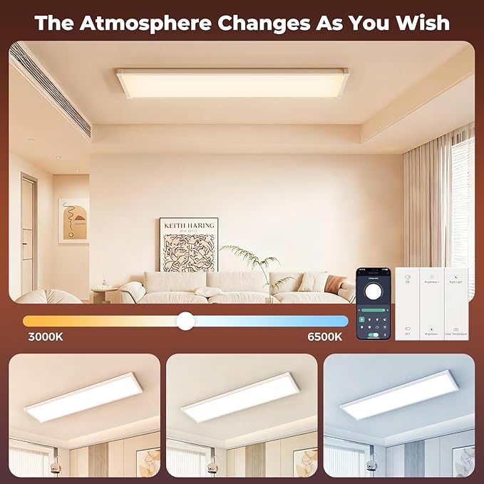 AIKVSXER 24 Pack 1x4 FT LED Flat Panel Light Surface Mount, with Wireless Switch & App Control, Night Mode, 50W 5500LM, 3000K/4000K/6500K, Ultra-Thin LED Light for Office Home,120-277V - White
