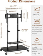 ECOTINY Steel Base Rolling TV Stand with Soundbar Mount for 50-90 inch TVs up to 154lbs, Swivel&Tilt Mobile TV Stand with Large Storage, Height Adjustable Heavy-Duty TV Cart, Max VESA 600x400mm, Black