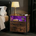 Tykacna 27 Inch Wide Night Stand, Large Wood Night Stand with 2 Drawers, LED Nightstand with Charging Station and Adjustable Drawer, Bedside Table for Living Room/Bedroom/Study/Office, Retro.