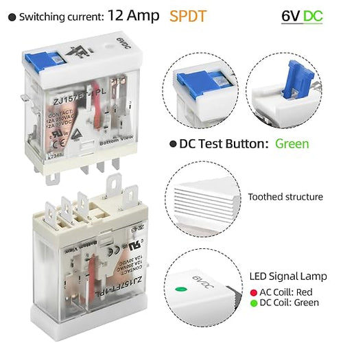 6V DC Electromagnetic Power Relay Miniature Coil 8A 8 Pins 2PDT 2NO 2NC with Indicator Light and Socket Base (5 Pin- 12A, DC 6V)