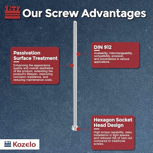 Kozelo 4pcs Socket Head Cap Screws - [M4-0.7 x 165mm] 304 Stainless Steel Allen Socket Drive for Electrical Motor 3D Printing Fan Engine Replacement Use, Silver
