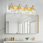 FDPBY Modern Bathroom Vanity Light, 4-Light Gold Wall Sconce with Crystal Accents, Over Mirror Bathroom Lighting Fixture, 32.67" Long Dimmable Vanity Lamp for Makeup, Easy Installation