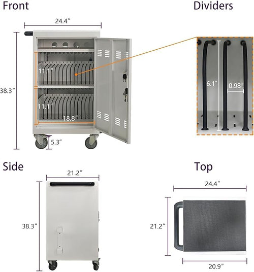 32-Bay Mobile Charging Cart with Keyed Lock, Steel Laptop & Tablet Charging Cabinet with Cable Management, Rolling Power Station for Classroom, Office, School, Library