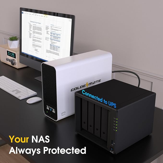 GOLDENMATE 1000VA/600W Lithium UPS Battery Backup and Surge Protector, Sinewave UPS System with LiFePO4 Battery(153.6 Wh), 2025 Upgraded Pro Ver. with Communication Port, 8 Outlets, LCD Display, White
