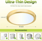 hykolity 9 Inch Selectable CCT LED Round Flat Panel Light, 18W 1800LM 3000K/4000K/5000K, Edge-Lit Flush Mount Ceiling Light Fixture for Kitchen, Bedroom, Laundry and Closet Room, Gold