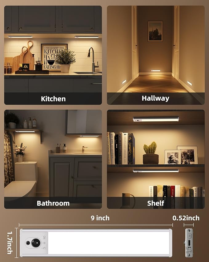 EZVALO 3 Pack Under Cabinet Lighting, Rechargeable Motion Sensor Light, LED Closet Lights Wireless, 3500K Dimmable, Timer, Magnetic, with Remote Control for Kitchen, Closet, Stair