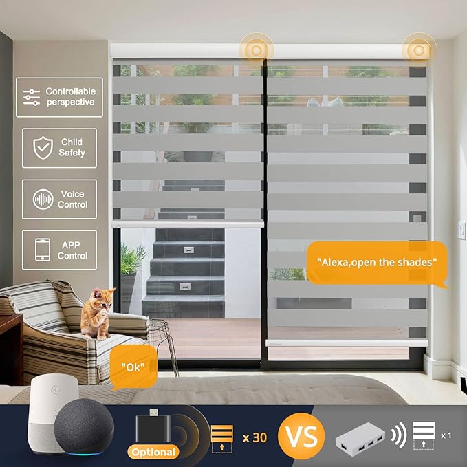 MUSCLEAREA Motorized Blinds with Remote, Cordless Automatic Zebra Shades, Smart Blind for Windows, Grey, 31 x 72