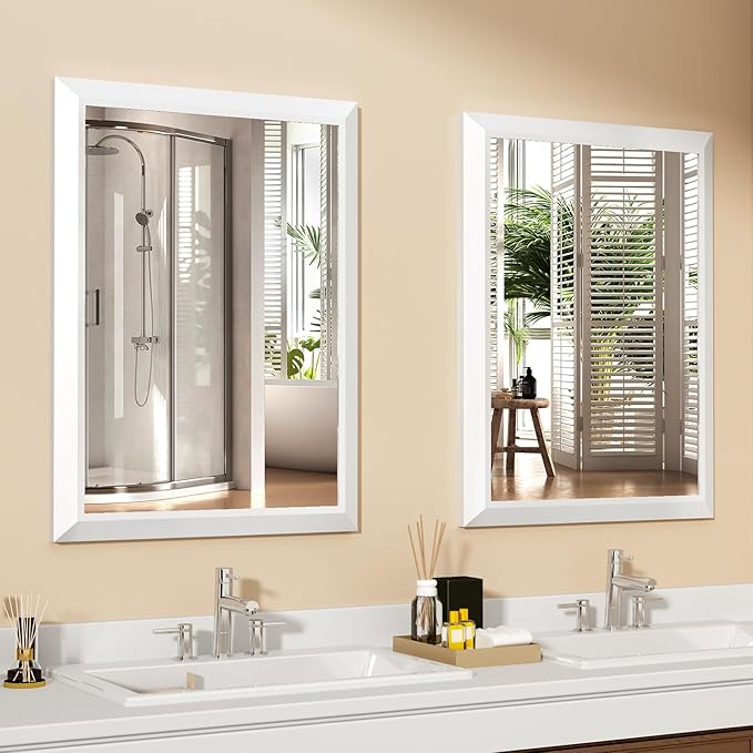 SMIROR Matte White Bathroom Mirror for Over Sink, 20”x 24” Metal Thick Framed Rectangle Vanity Mirror for Wall, Right Angle Corner, Anti-Rust, Horizontally or Vertically Mounted