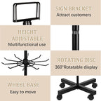 Exttlliy 5-Tier Metal Spinning Display Stand Rack with Wheels, Black Iron, 50 Hooks, Lockable Wheels, Ideal for Jewelry, Accessories, Foods