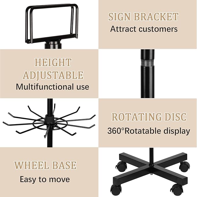 Exttlliy 5-Tier Metal Spinning Display Stand Rack with Wheels, Black Iron, 50 Hooks, Lockable Wheels, Ideal for Jewelry, Accessories, Foods