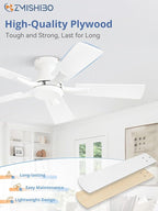 ZMISHIBO 42 Inch Ceiling Fan No Light, Flush Mount Low Profile, Modern White Ceiling Fan Without Light, Remote Control & Quiet DC Motor, for Indoor&Outdoor, Bedroom, Living Room