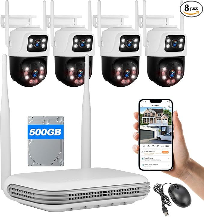 Fuers Wireless WiFi Security Camera System, 8CH HD NVR Kit, 4Pcs 5MP CCTV Home Dual Lens Security Camera System for Indoor/Outdoor Use, Night Vision, Waterproof, Motion Detection, 500G Hard Drive
