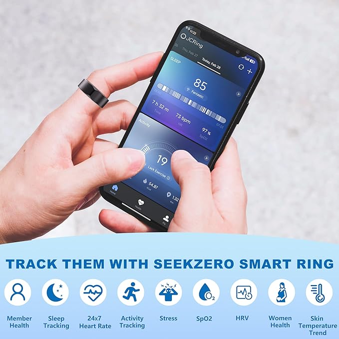SEEKZERO Smart Ring for Women Men, Titanium Fitness Ring with Heart Rate, Stress & Sleep Monitoring,Step & Calorie Counter, 5ATM Waterproof for iPhone and Android,No Subscription Fee (Black, 6)
