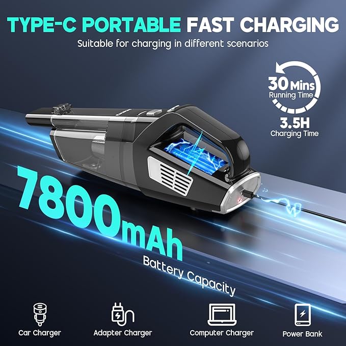 CKIKH Handheld Vacuum Cordless, 15000PA Strong Suction Hand Held Car Vacuum Cleaner Portable with Multi-Nozzles & Washable Filter, Lightweight Dust Busters Rechargeable for Home, Car, Office, Pets