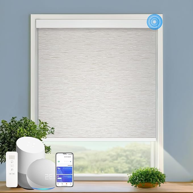 COOLWINDS Motorized Blinds with Remote Cordless Automatic Motorized Shades Custom Blinds for Windows Smart Curtains Compatible with Alexa Google Home(Light Filtering Jacquard Beige,W22 x H72in)