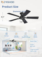 ZMISHIBO 42 Inch Ceiling Fan No Light, Flush Mount Low Profile, Modern Black Ceiling Fan Without Light, Remote Control & Quiet DC Motor, for Indoor&Outdoor, Bedroom, Living Room