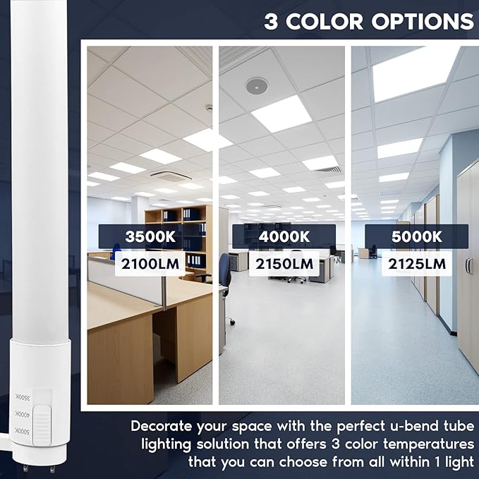 Luxrite U Bend LED Tube Light, T8 T12, 17.5W (32W Equivalent), 3 Colors 3500K | 4000K | 5000K, 2100 Lumens, Fluorescent Light Tube Replacement, Direct or Ballast Bypass, UL Certified, G13 Base, 6-Pack