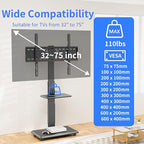Rolling TV Stand with Power Outlet, Mobile TV Cart for 32-75 Inch TVs up to 110 lbs, 18 Adjustable Heights, Max VESA 600x400mm, TV Floor Stand with Swivel Mount/Shelf/Wheels, Fits for Bedroom, Outdoor