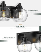 METWET Bathroom Light Fixtures, 4 Light Matte Black Vanity Light, 26 Inch Modern Wall Sconces with Globe Clear Glass Shade, Vanity Lighting Fixtures Over Mirror, VL195-MB-CL-4