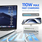 11-in-1 Charging Station USB-C Power Strip, 300W USB C Charger Block, 2AC Outlets 8USB Ports(4USB-C) Surge Protector, 5FT Flat Plug Extension Cord, PD110W Desktop Fast Charging for Home Office, White