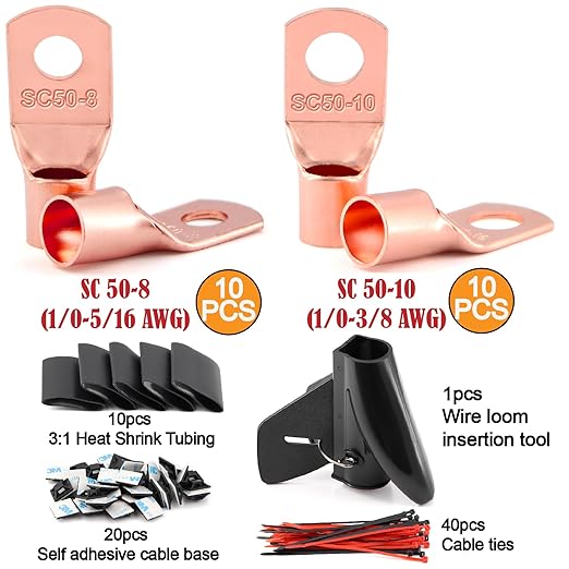 1/0 Gauge Wire CCA (20Ft Each Black/Red) Primary Automotive Wire with Lugs Kit,250A ANL Fuse,1/2 Inch Cable Split Sleeving,Battery Cable,Car Amplifier Power Ground Wires,Amp Install Wiring