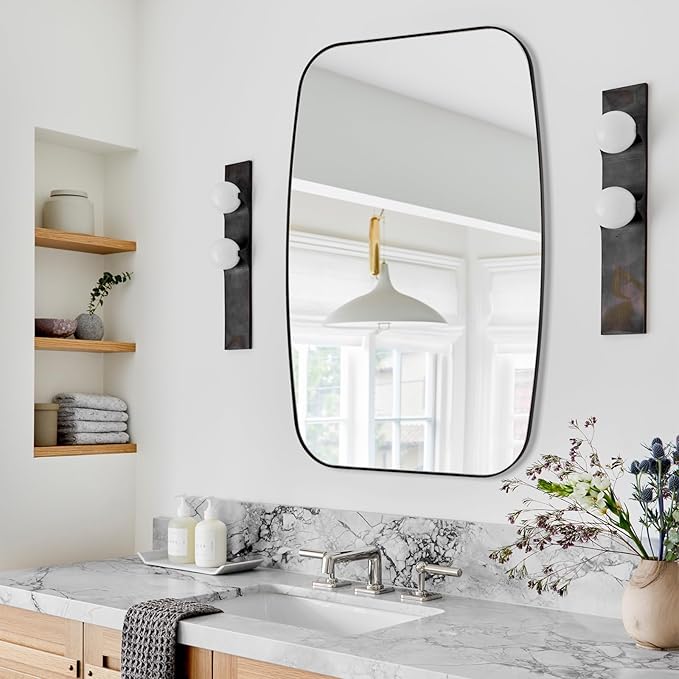 Black Oval Mirror, 32"×40" Bathroom Mirror for Wall Vanity with Stainless Steel Metal 0.8" Thin Frame, Oblong Bathrrom Mirror Modern Anti Rust
