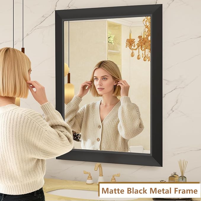 SMIROR Matte Black Bathroom Mirror for Over Sink 20x 20 inch, Metal Thick Frame Rectangle Vanity Mirror for Wall, Anti-Rust, Horizontally or Vertically Mounted