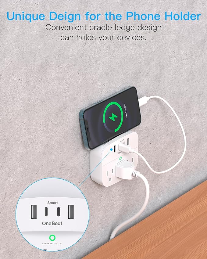 1 Pack Multi Plug Outlet Splitter with USB, Surge Protector Outlet Extender with 3 Wall Outlets 4 USB Wall Charger(2 USB C), 490 Joules, ETL Listed, Small Outlet Adapter Plug Extender for Travel,White