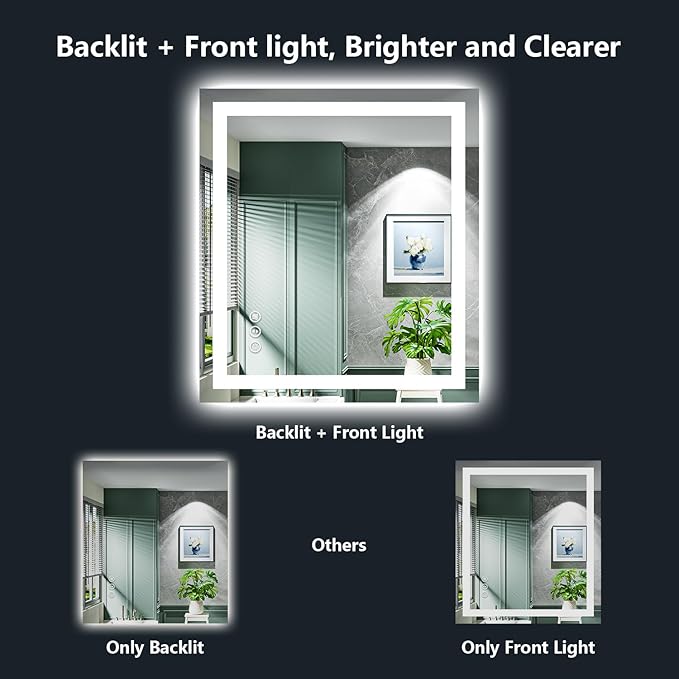 YEELAIT 24x36 Inch LED Bathroom Mirror with Lights Front and Backlit Lighted Vanity Mirror for Bathroom Wall with 3 Colors Dimmable Anti-Fog Memory Shatter-Proof IP54 Waterproof Horizontal/Vertical