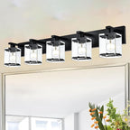 WINSHEN 5-Light Modern Vanity Lighting, Black Bathroom Light Fixture Over Mirror with Rectangular Clear Glass,E26 Bulb Base