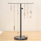 Josmimic Black Necklace Holder Jewelry Organizer Stand – Adjustable Height T‑Bar Jewelry Display with Dark Gray Marble Base, Necklace & Bracelet Holder, Countertop Jewelry Rack
