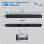 ICC 1U Finger Duct Cable Manager Panel with Cover, Plastic with Metal Back Frame, 3" Depth, Horizontal Cable Management, Rackmount for 19” Network Racks, Black, Single Pack