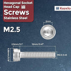 Kozelo 20pcs Socket Head Cap Screws - [M2.5-0.45 x 12mm] 304 Stainless Steel Allen Socket Drive for Electrical Motor 3D Printing Fan Engine Replacement Use, Silver
