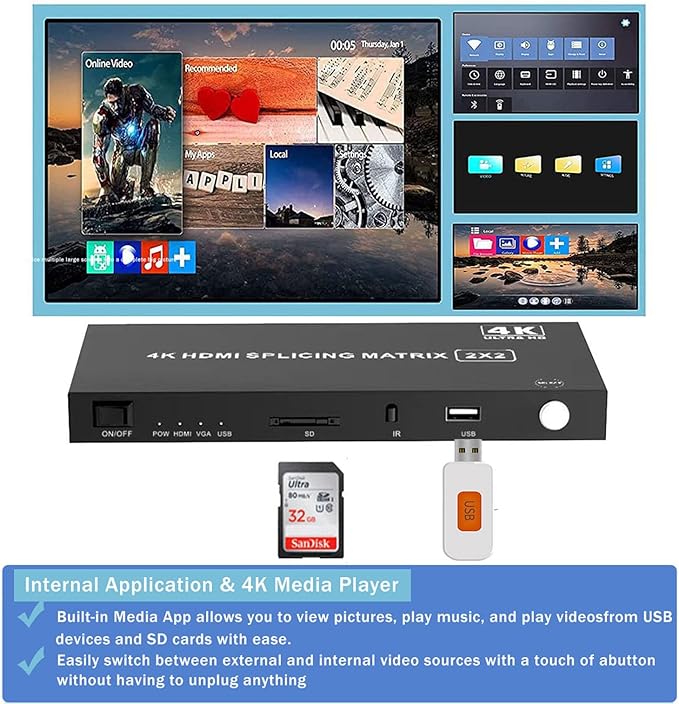 4-in4-out Video Wall Controller 2x2, HDMI & VGA & USB & SD Support 4K Input TV Wall Controller,1080P Output TV Wall Processor,180 Degree Rotate 1x2,1x3,1x4,2x2,2x1,3x1x4x1