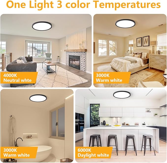 RLEDPZTX Led Flush Mount Ceiling Light,9 Inch 18w 1860lm,3000k/4000k/6000k 3CCT Selectable, Round Modern Flat Panel Super Slim Led Ceiling Light,for Living Dining Kitchen Bedroom Room (6Pack-Black)