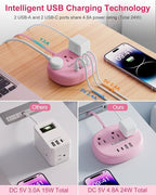 Pink Extension Cord - 10 FT Flat Extension Cord, 1625W Cute Extension Cord with 3 AC Outlet 4 USB (24W/4.8A), Compact for Cute Pink Kawaii Desk Home Essentials