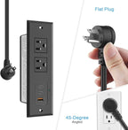 CCCEI Recessed Power Strip with 45W USB-C Ports, Fast Charging USB A Port Desk Outlet, Black Furniture Hidden Charging Station for Side Table, End Table, with 10FT 45 Degree Flat Plug Extension Cord.