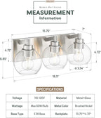 METWET Bathroom Light Fixtures, 3-Light Brushed Nickel Vanity Light, Modern Wall Sconces with Globe Clear Glass Shade, Vanity Lighting Fixtures Over Mirror, VL195-BN-CL-3