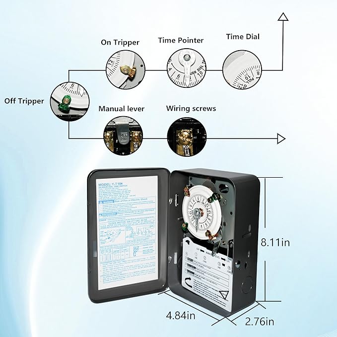 T104 Electromechanical Timer Switch Versatile Scheduling Manual Override,1-12 Cycles Per Day - Manual Override,Mechanism Only