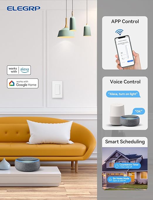 ELEGRP Smart Dimmer Light Switch DTR30, Single Pole or 3 Way, 2.4GHz Wi-Fi Touch Dimmer Compatible with Alexa/Google Assistant, Needs Neutral Wire, No Hub Required, UL and FCC Listed, White, 2 Pack