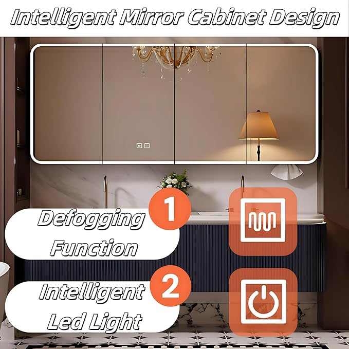Bathroom Vanity with Double Sinks - LED Smart Defogging Mirror & Equipped with Tissue Hole | Modern Double Sink Bathroom Cabinet, 2 Drawers & Wavy Panel, Dark Blue (Mirror, 76IN)