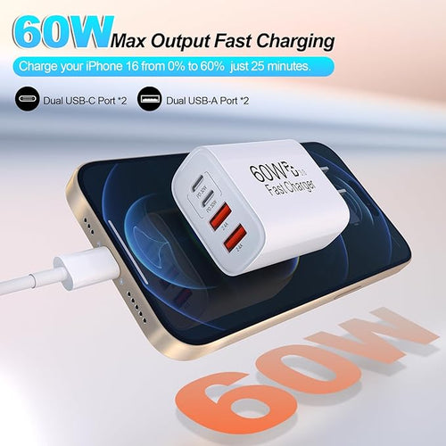 60W USB C Charger Block Fast Charging,2Pack 4Port Type C Charger Fast Charging Blocks 2 Type-C & 2 USB-A Ports Power Adapter for iPhone 17/17 Air/16/15/14/13/12/11 Pro Max/XS/XR/8/7/6,iPad,Samsung