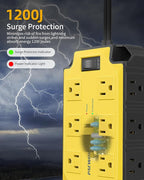 Heavy Duty Power Strip15 Amps/1200 Joules, 12 Outlets with 4 USB Ports (2 USB-C), Industrial Magnetic Surge Protector, 6.5 FT Extension Cord for Industrial Shop Garage (Yellow)