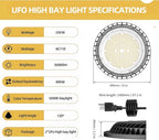2Pack UFO LED High Bay Light 250w, 5000K,36,000LM, 5 ft cable with Us Plug UL Certified Plug,Hanging HookIP65 Commercial Warehouse Area Light for Wet Location Area, Workshop, Garage, Factory Barn