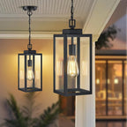 15'' Outdoor Pendant Light, Modern Outside Chandelier Outdoor Hanging Lantern Light, Matte Black with Clear Glass, Exterior Pendant Lighting Fixture Ceiling Mount for Porch, Entryway, Gazebo, 1Pack