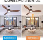 revoici 52 Inch Brown Wood Ceiling Fan with Light and Remote, 6 Speed and Reversible DC Motor, 3 Blade Low Profile Flush Mount Mordern Wood Ceiling Fans for Living Room Bedroom Outdoor Patio